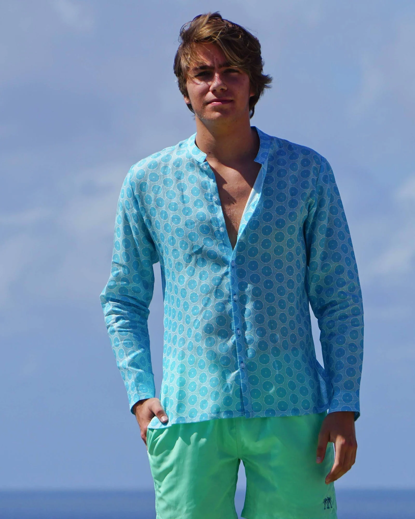 Linen Collarless Shirt LIME SLICE - Image 4