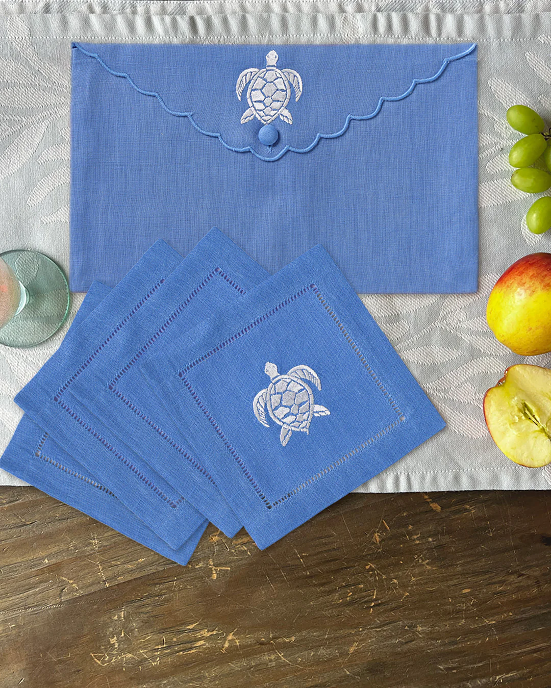 Embroidered Linen 4 Cocktail Napkins TURTLE - Image 4
