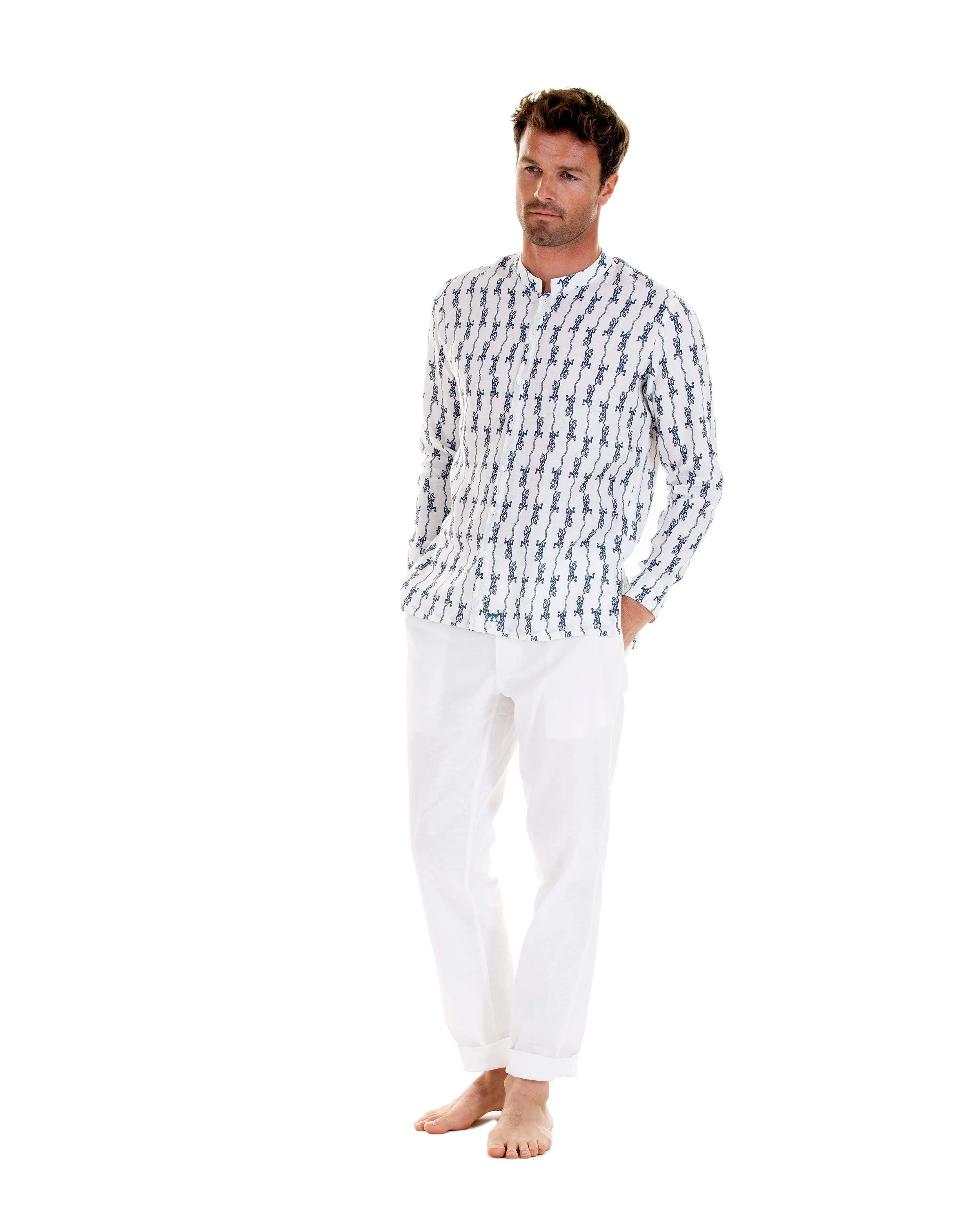 Linen Collarless Shirt GECKO - Image 6