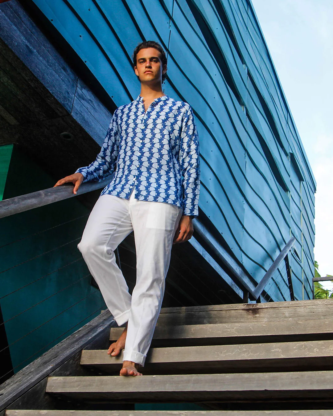 Linen Collarless Shirt FISH - Image 4