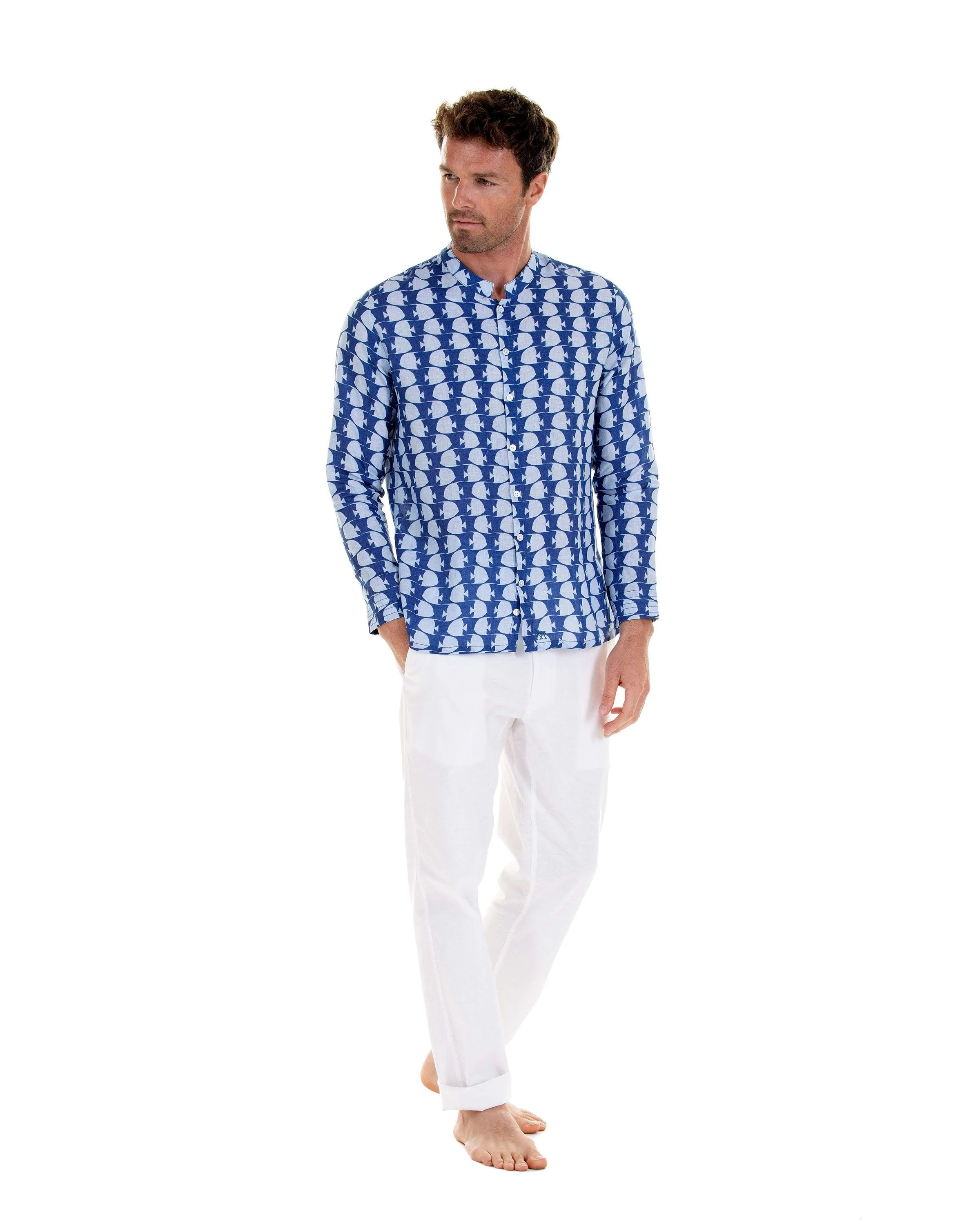 Linen Collarless Shirt FISH - Image 6
