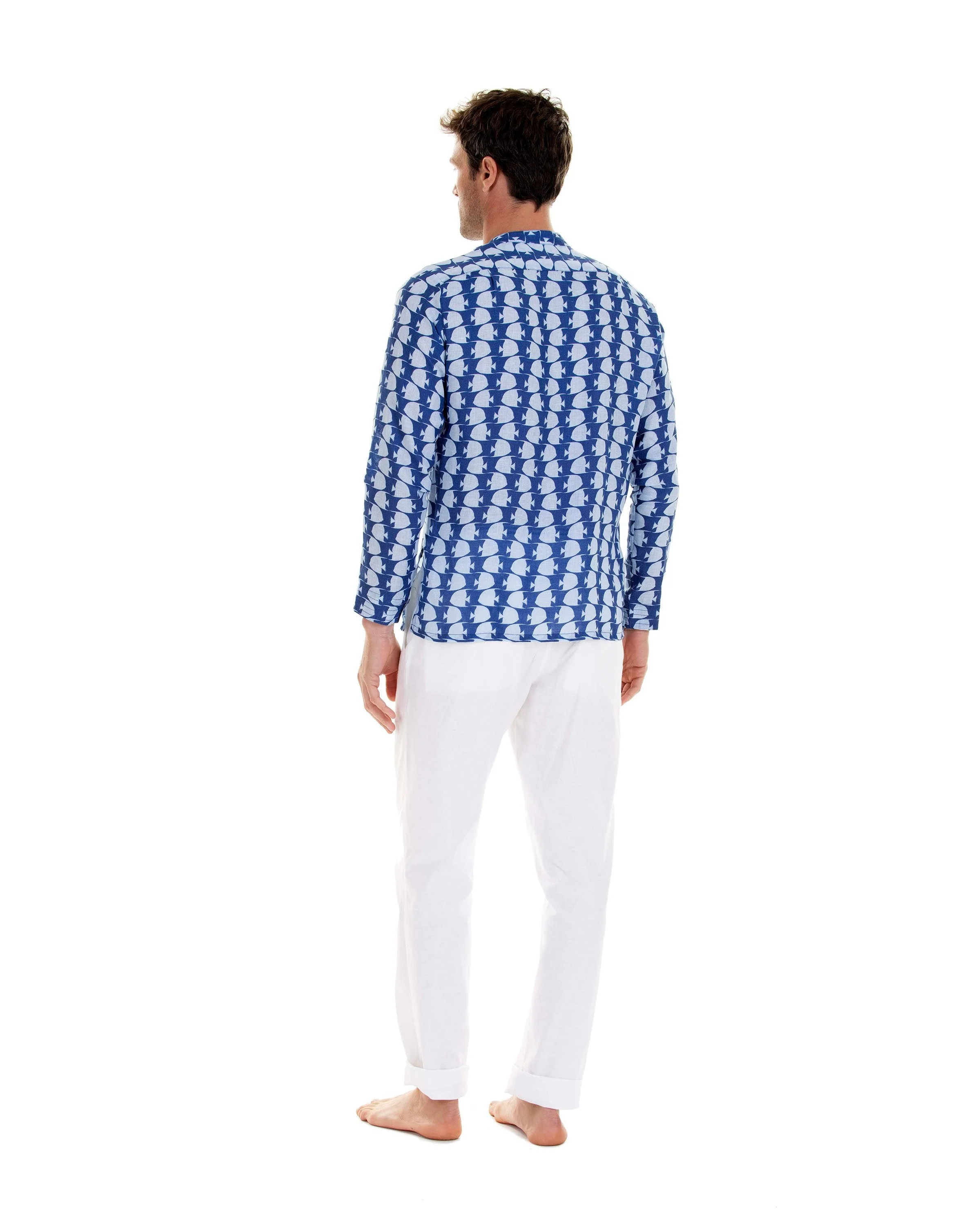 Linen Collarless Shirt FISH - Image 7