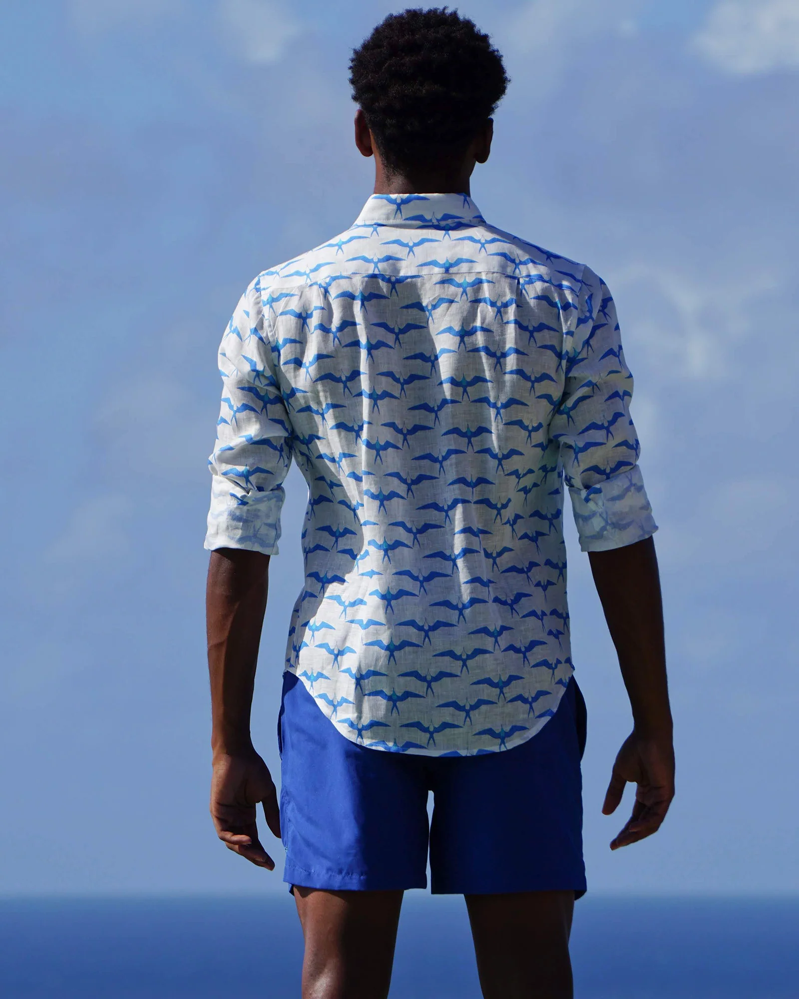 Mens Linen Shirt: FRIGATE BIRD - BLUE / TURQUOISE - Image 3