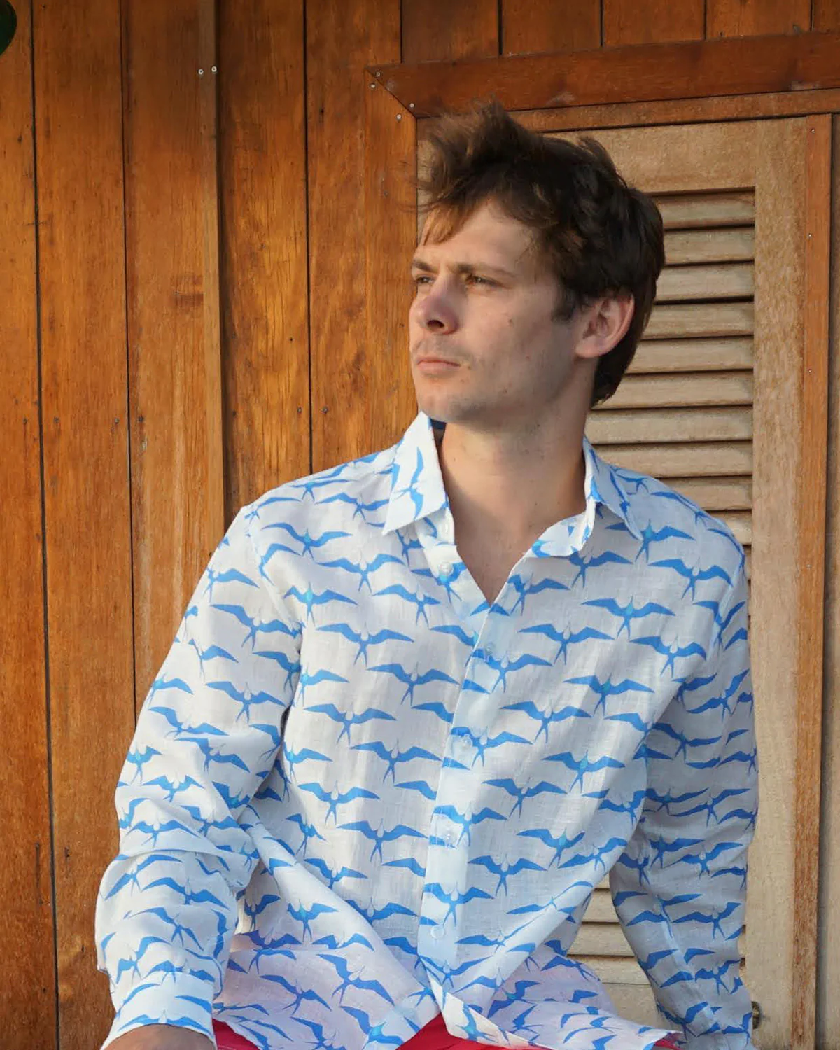 Mens Linen Shirt: FRIGATE BIRD - BLUE / TURQUOISE - Image 6