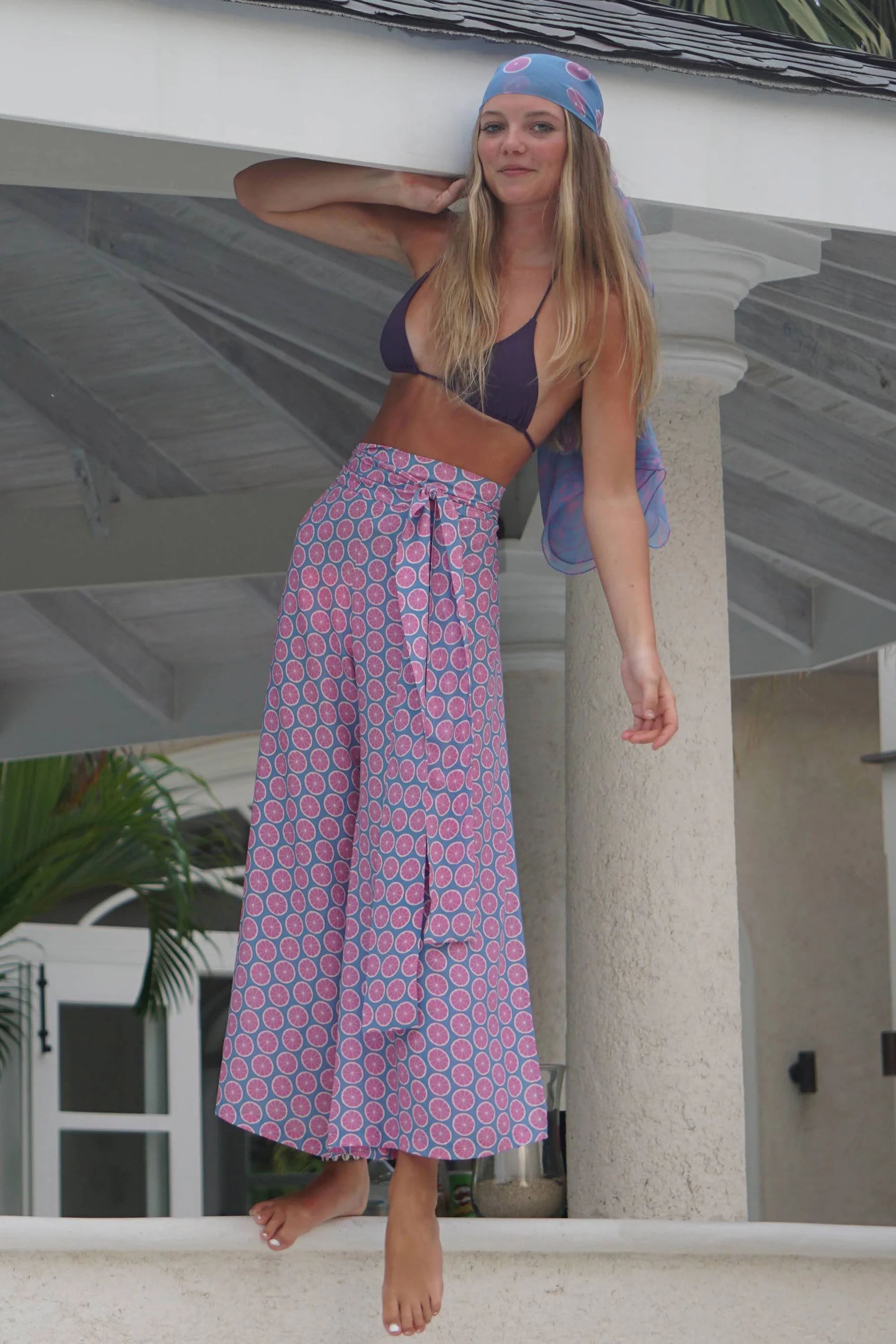 Silk Gabija Palazzo Pants: LIME SLICE - BLUE / PINK - Image 3